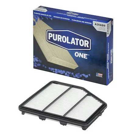 White rectangular pleated air filter with black rubber seal and PurolatorONE branding