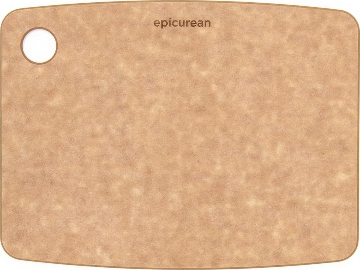 Natural composite cutting board, 8 by 6 inches, thin with thumb hole