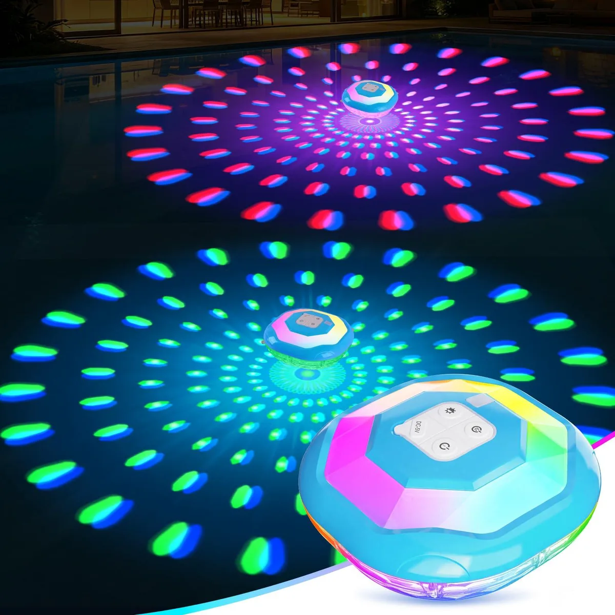 White floating acrylic pool light, 6.7 inch round form factor