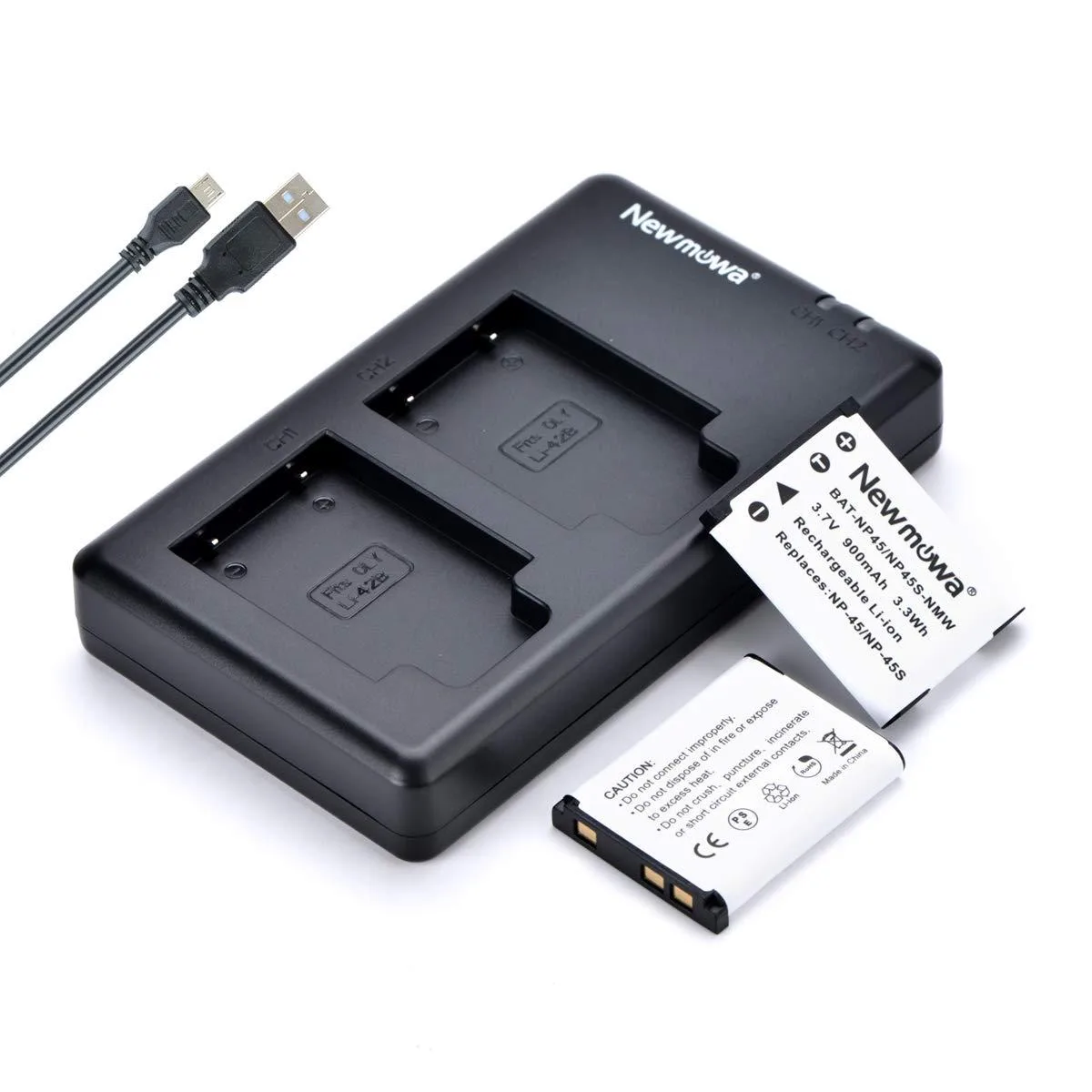  Newmowa NP-45 2-pack batteries 900mAh dual USB charger — product photo