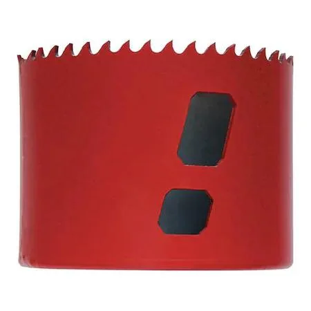 Cylindrical bi-metal hole saw, 2.5 inch diameter, silver steel finish with side slot and aggressive teeth