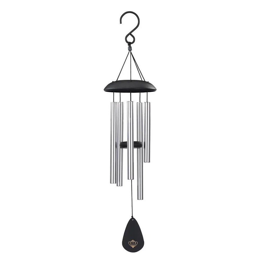 Black and silver metal wind chime, 25 inches long, hanging cylindrical tubes with powder-coated finish