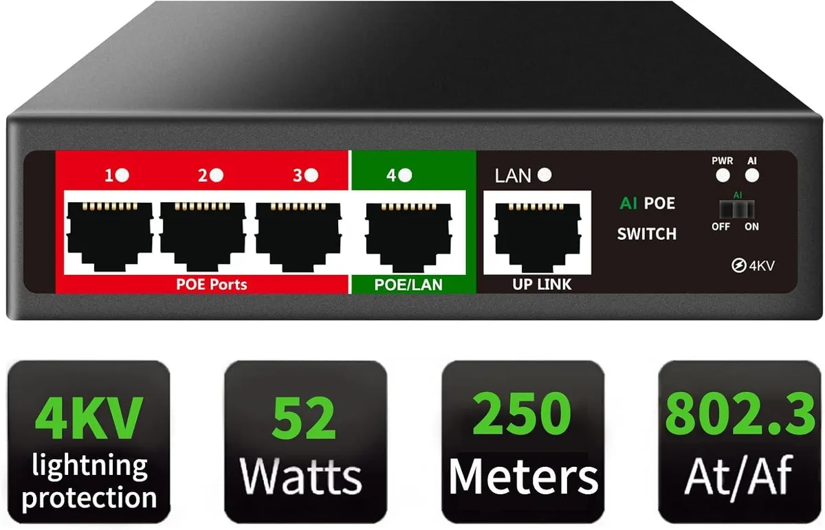 PISKEKAT PISKEKAT STEAMEMO 5 Port AI PoE Switch 4 POE + 1 Uplink 802.3af/at 100Mbps 52W 250Meter — product photo