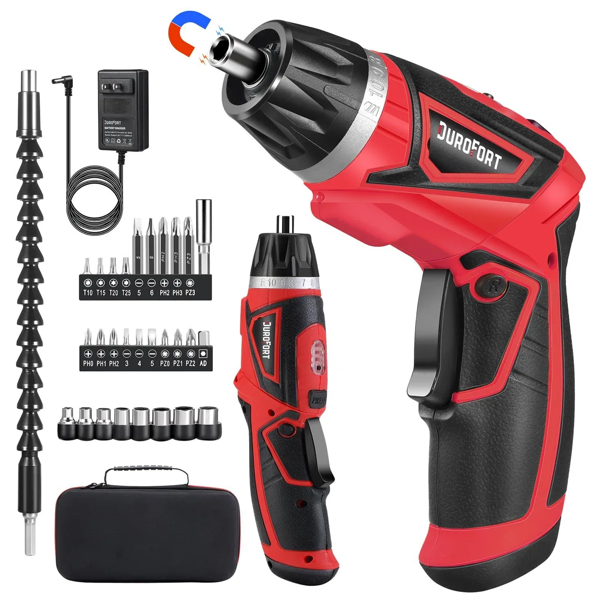Red cordless screwdriver with dual-position handle and LED light, 28-piece set