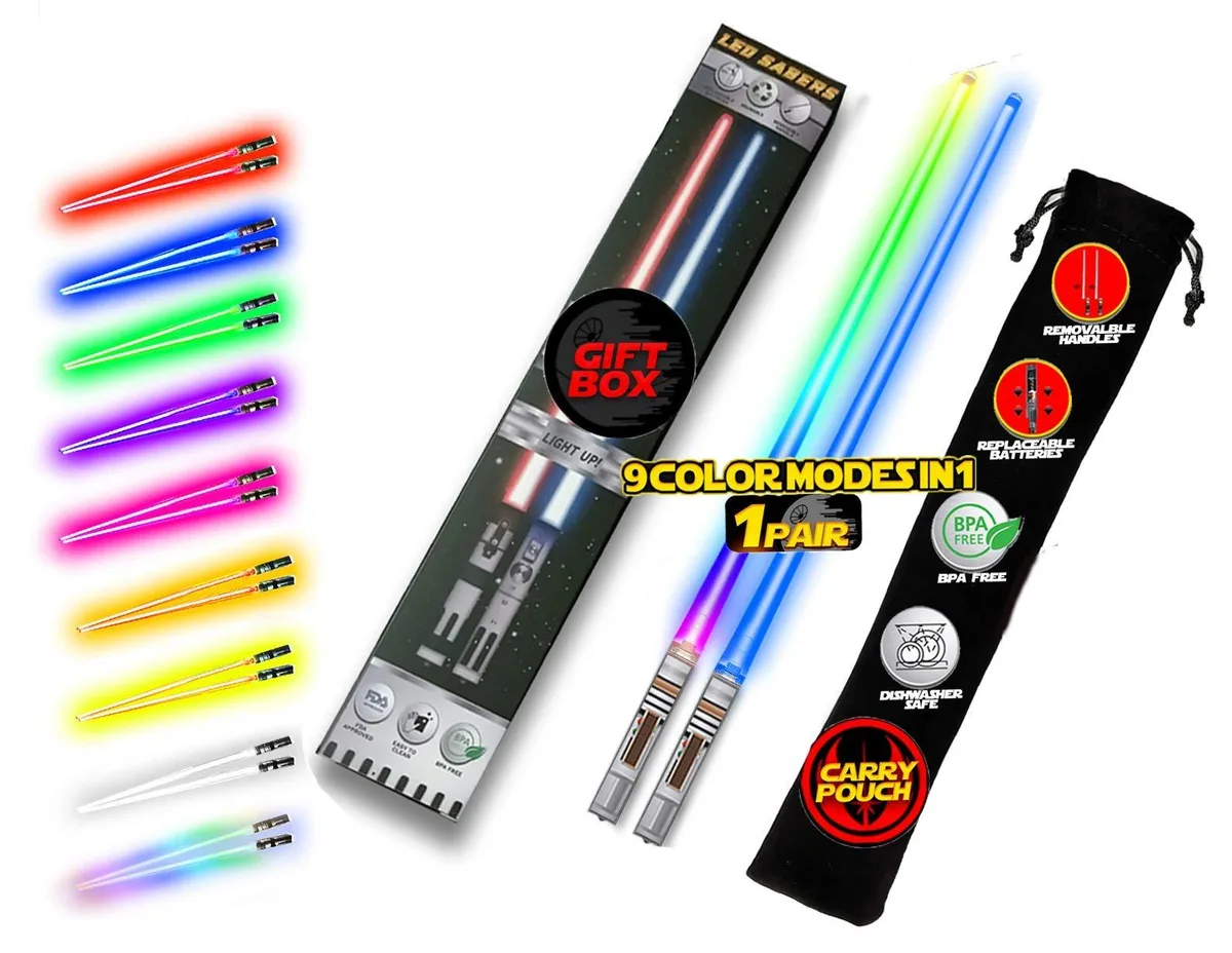 Black LED light-up chopsticks with removable handles, 24 pieces in gift box
