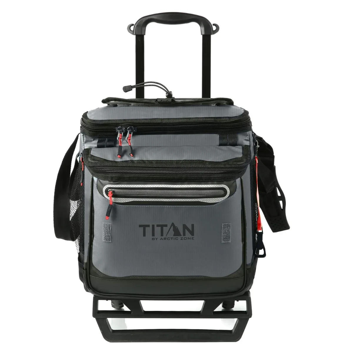 Grey soft-sided wheeled cooler with telescopic handle and oversized wheels