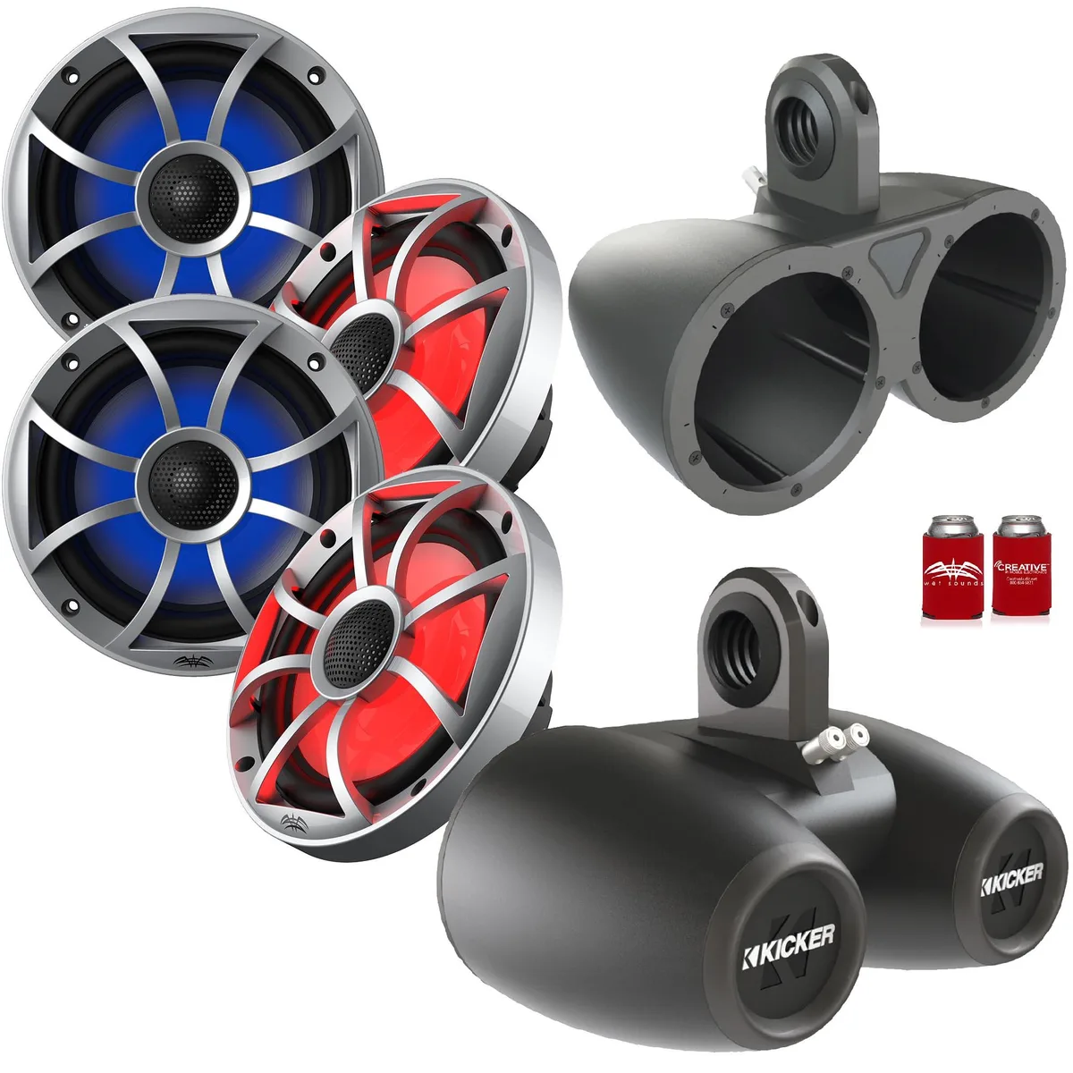 Wet Sounds Wet Sounds OE-65ic-S-RGB 6.5" car speakers with Kicker 12KMTED pods — product photo