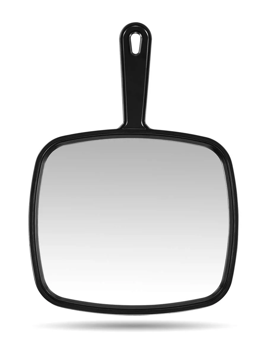 Rectangular black plastic handheld mirror with handle, 12.4 by 9 inches