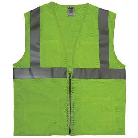 Lime polyester mesh safety vest with silver reflective stripes and zipper front