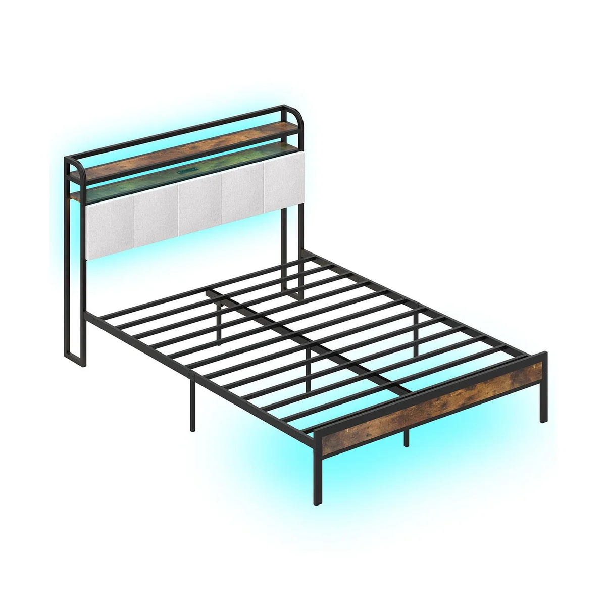 Queen loft bed in rustic brown metal and wood with LED lighting and charging station