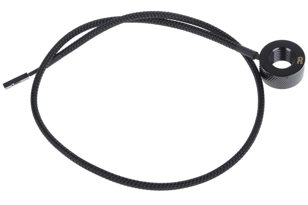 Black inline G1/4 temperature sensor with 2-pin cable and male-to-male adapter