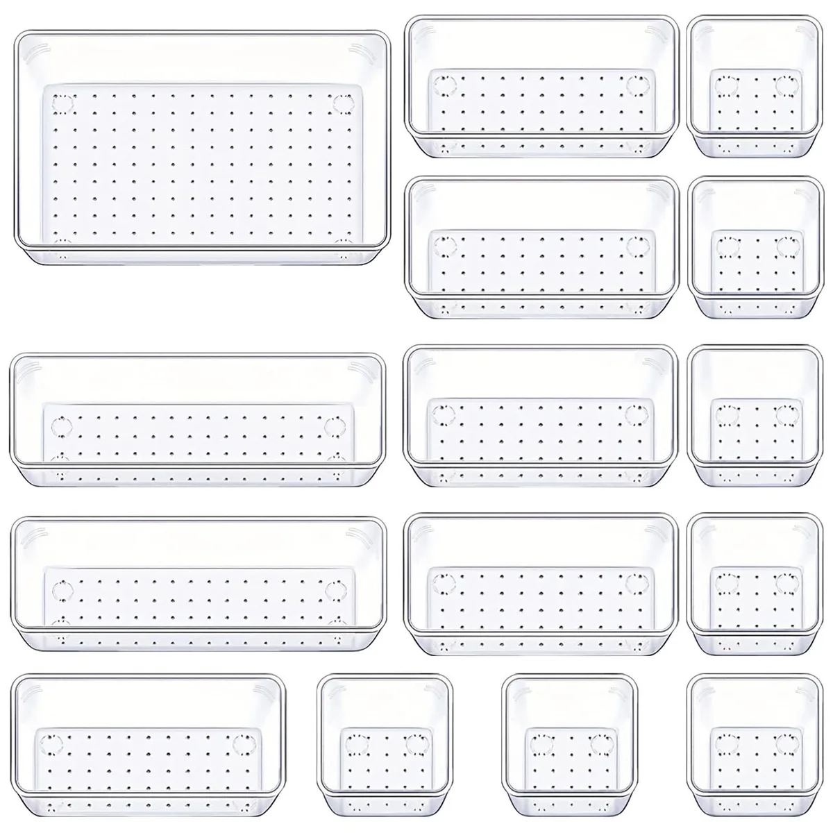 Fifteen clear plastic drawer bins in four sizes, rectangular with low sides