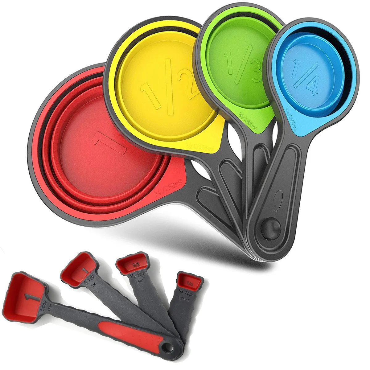 Eight-piece collapsible silicone measuring cup and spoon set in bright colours