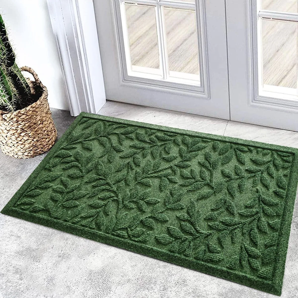 Green leaf-patterned rectangular doormat 17x30 inch low profile rubber backing