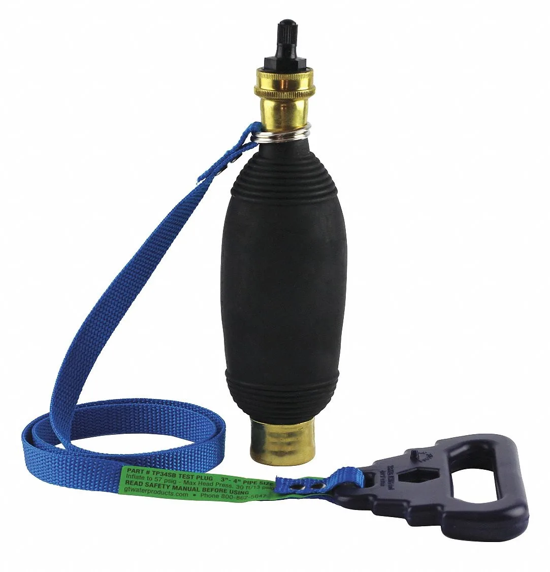 Black rubber pneumatic test plug with metal valve and tether strap, cylindrical shape tapering from 3 to 4 inch range