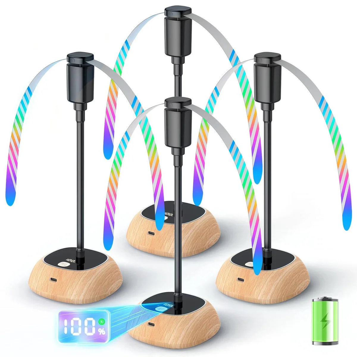 Silver portable outdoor fan with flexible gooseneck and holographic blades
