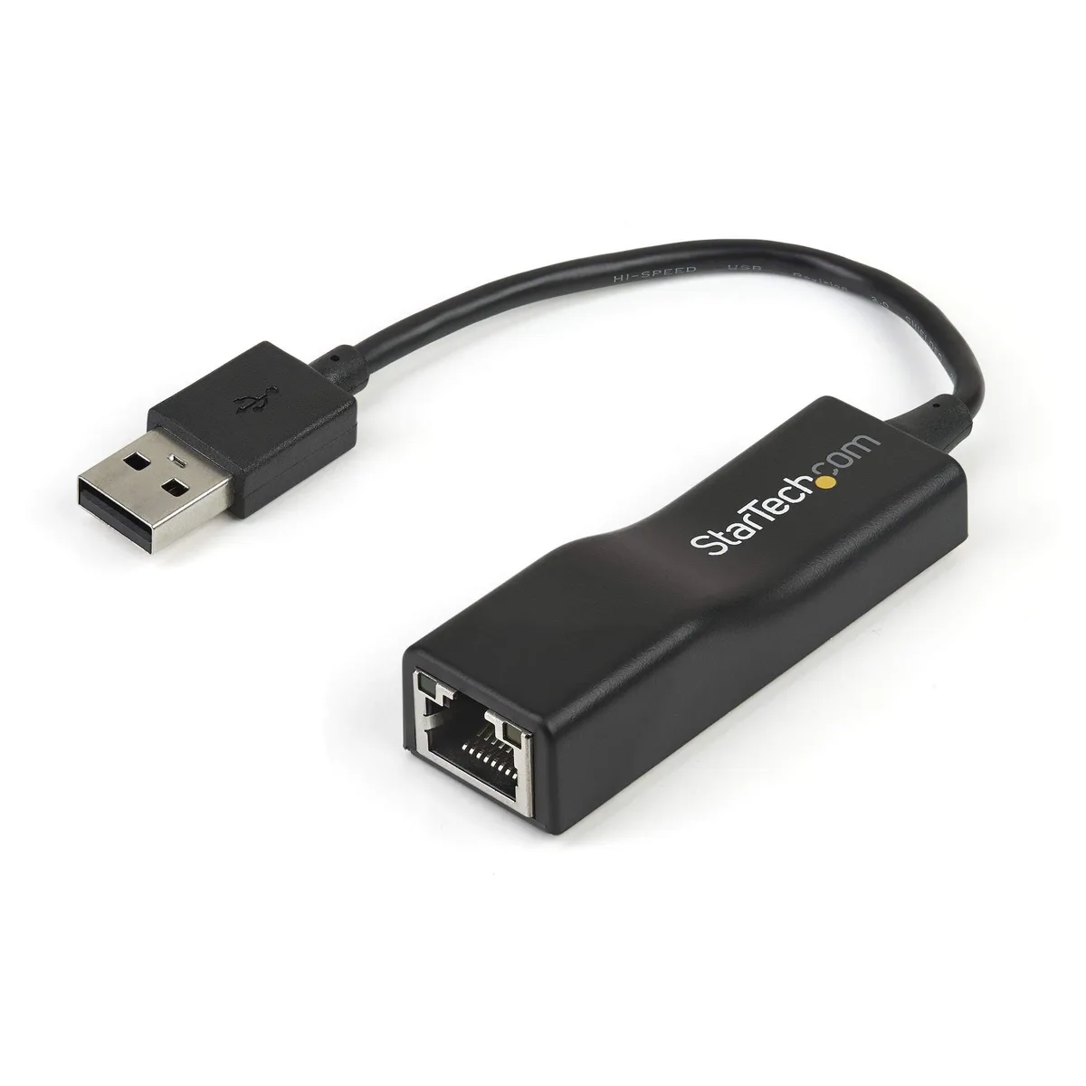 Compact black USB 2.0 to 10/100 Mbps Ethernet dongle with integrated cable