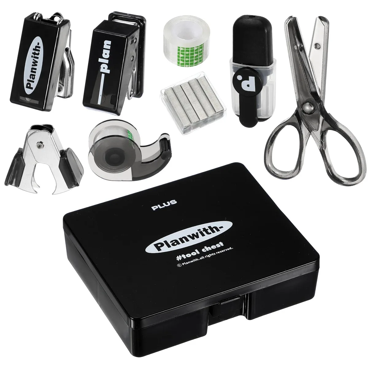 Black 8-piece desktop kit: stapler, hole punch, tape dispenser, scissors, highlighter, staple remover, tape refill, staples