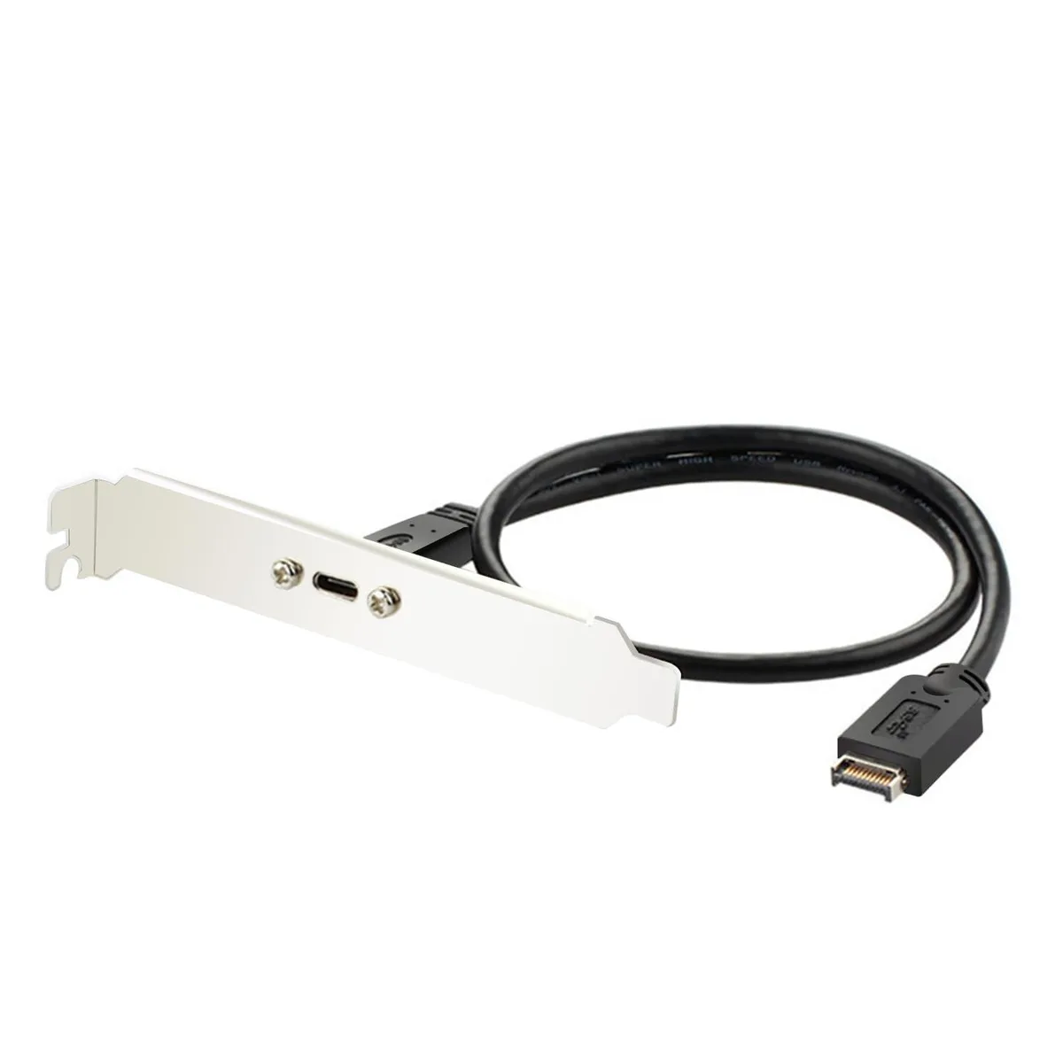 Silver metal bracket with short black cable ending in USB-C port and internal motherboard connector