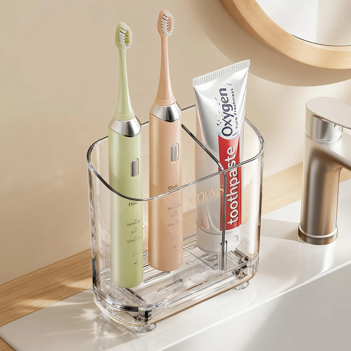 Clear glossy toothbrush holder with drainage tray and adjustable divider, 4.5 by 2 by 4.4 inches
