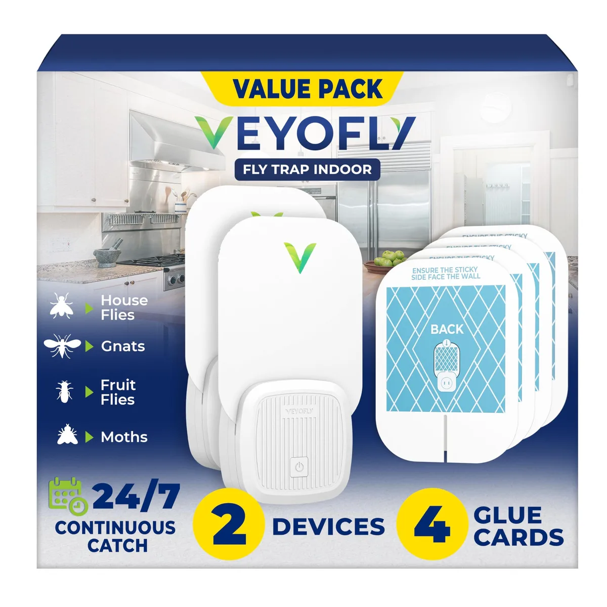 Two white plug-in insect traps with four glue cards