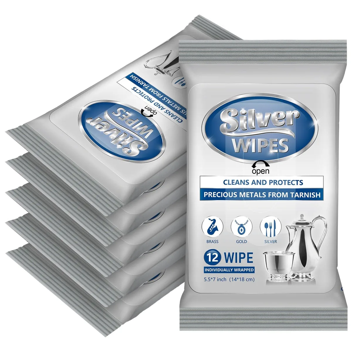 Six packs of white non-woven silver cleaning wipes, 72 pieces total, each 18 by 14 cm