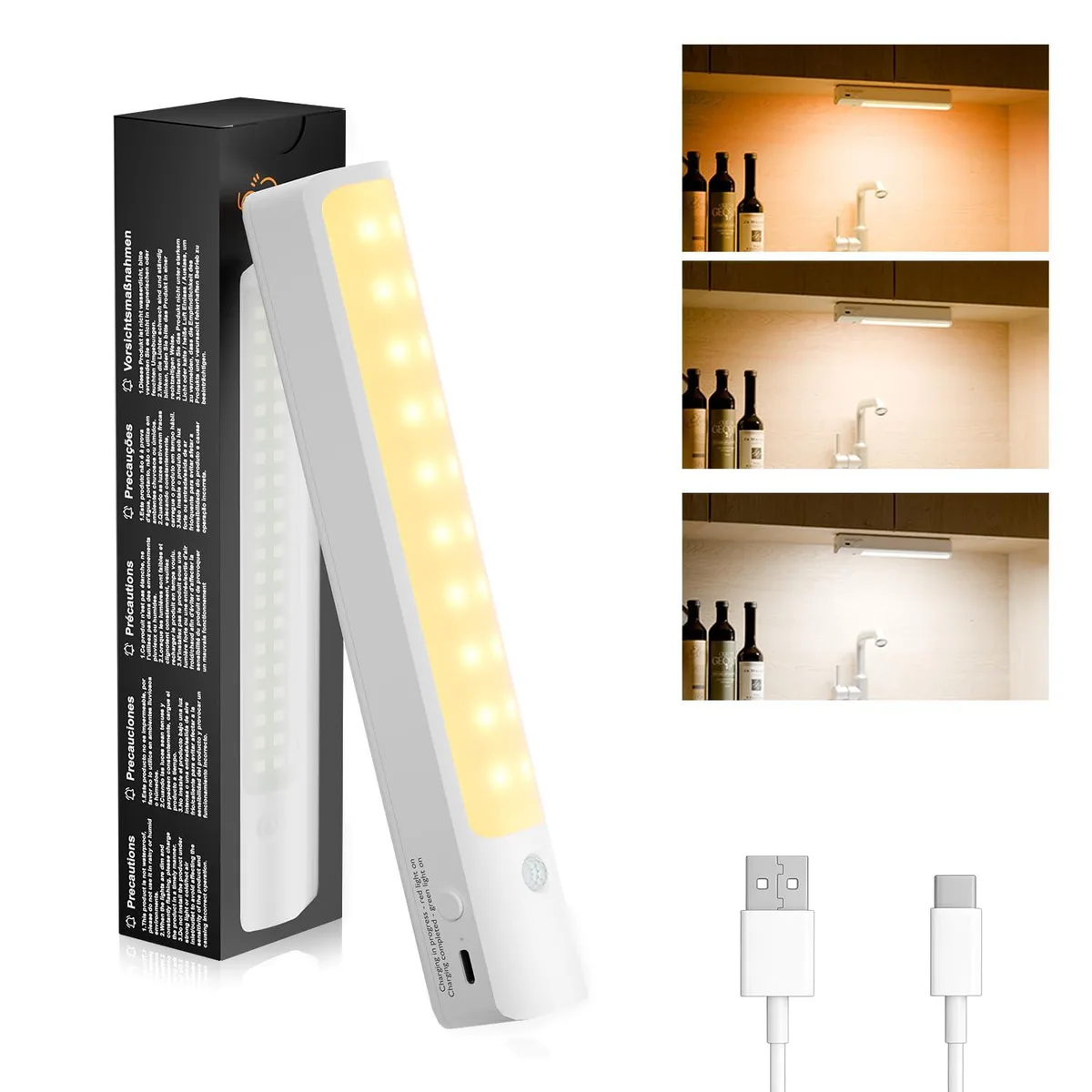 White rectangular LED cabinet light with magnetic mounting, 8.66 inches long