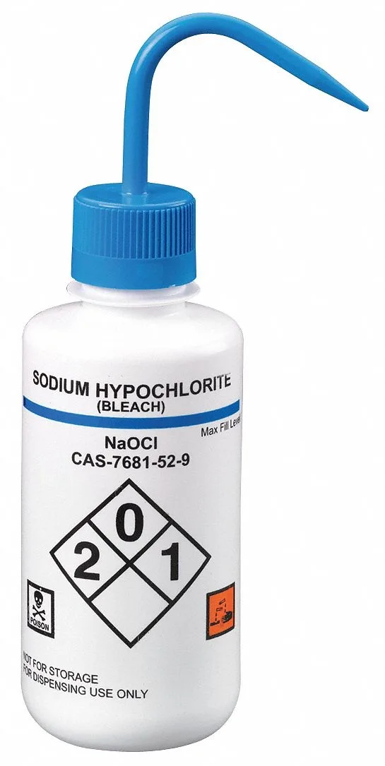 Six opaque white 16 oz LDPE wash bottles with blue vented caps