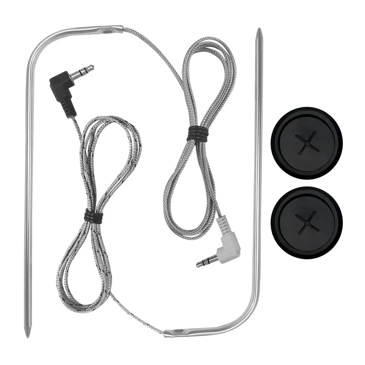 Two silver metal probes with 46in cables and 3.5mm plugs