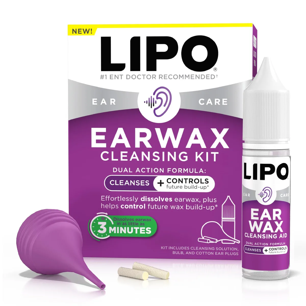 White boxed ear-care kit with drop bottle, bulb syringe and ear plugs