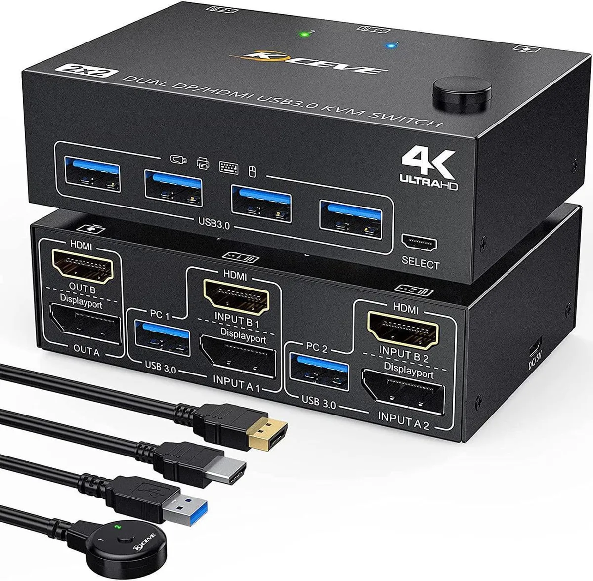 Vszerda Vszerda Dual Monitor KVM Switch HDMI+DP 4K@60Hz 2K@120Hz 4 USB 3.0 Wired Remote 4 Cables — product photo