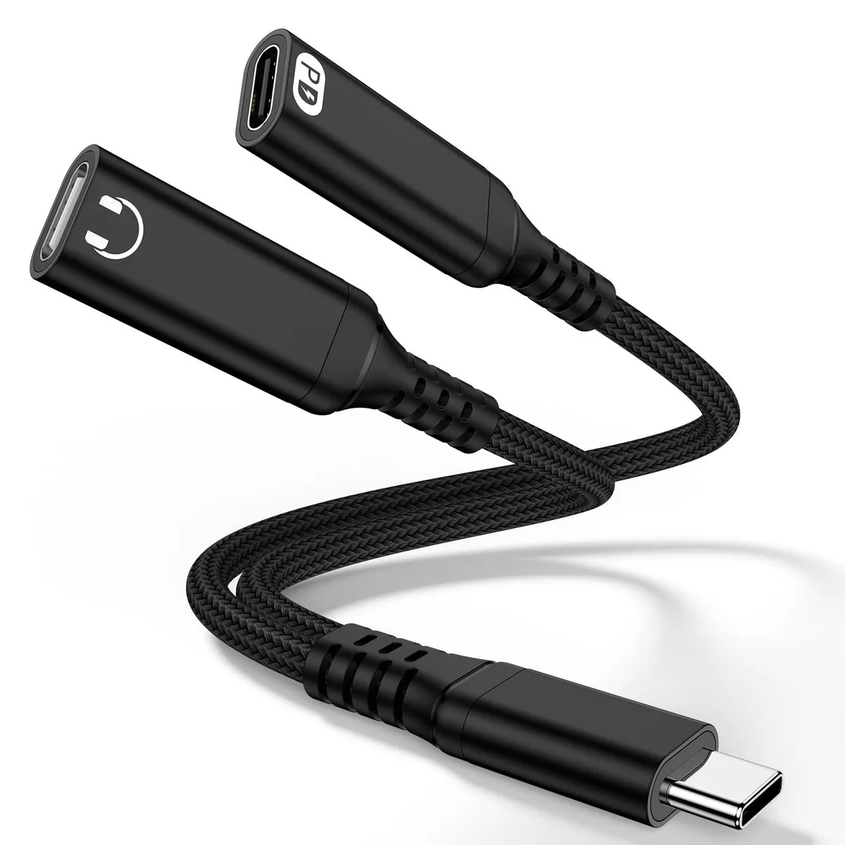  ABCPOW USB-C Splitter 1-in-2 60W PD Charging &amp; Audio Adapter Black — product photo