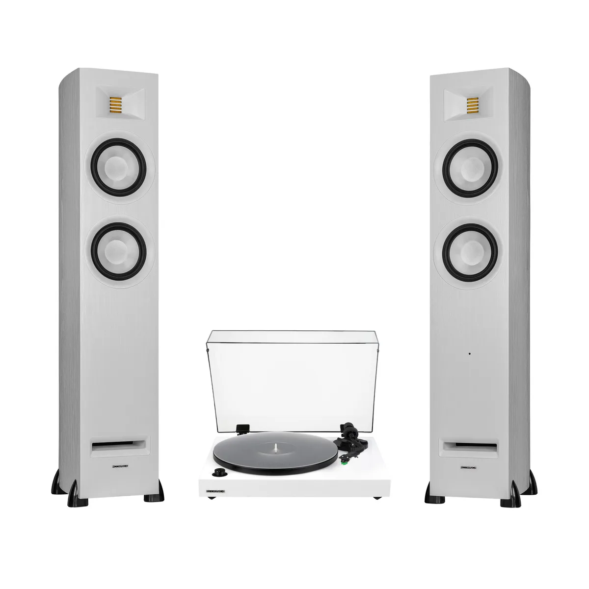 White belt-drive turntable with acrylic platter mat and two tall powered speakers