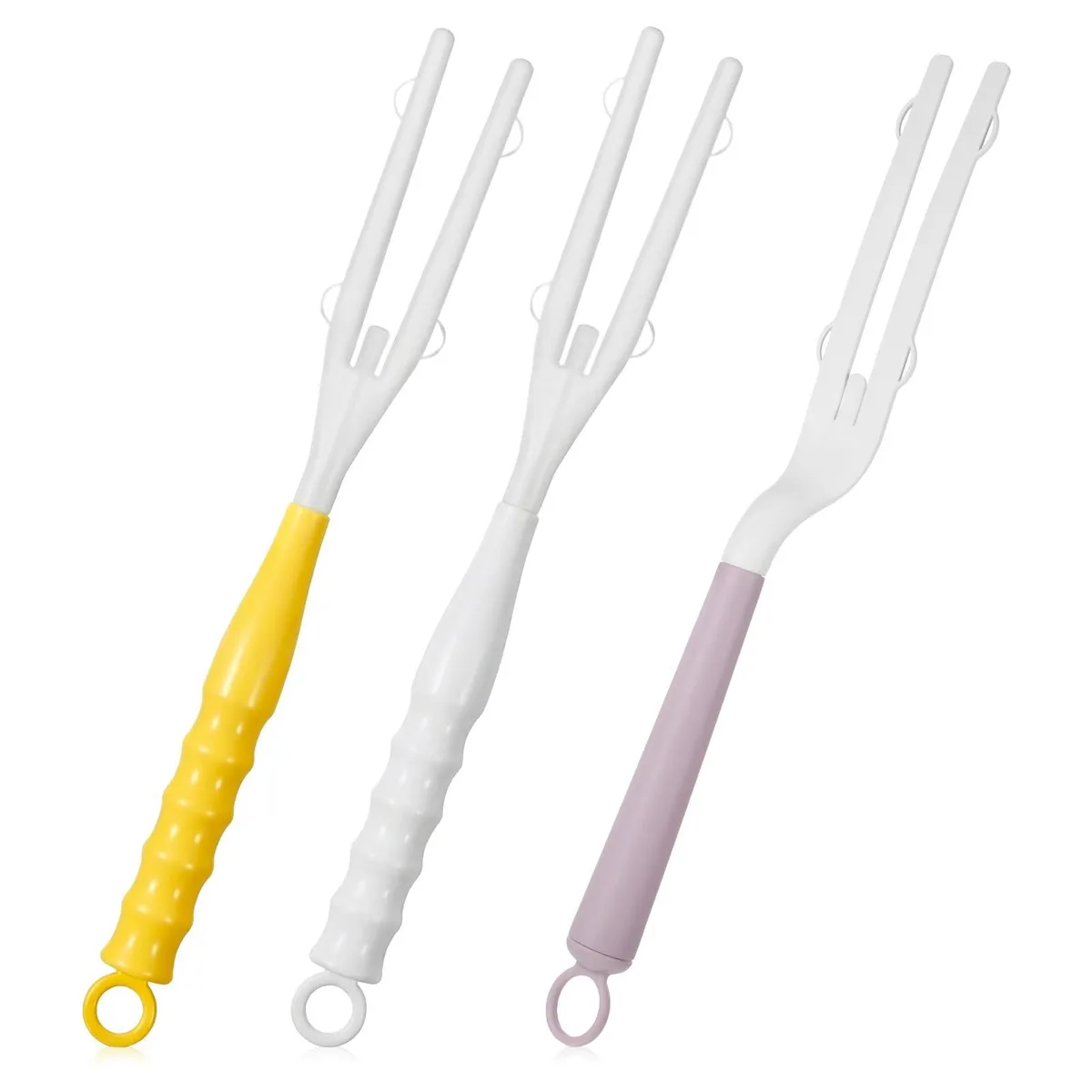 Three lightweight handles in white, yellow and purple, each 12.99 inches long, bagged together