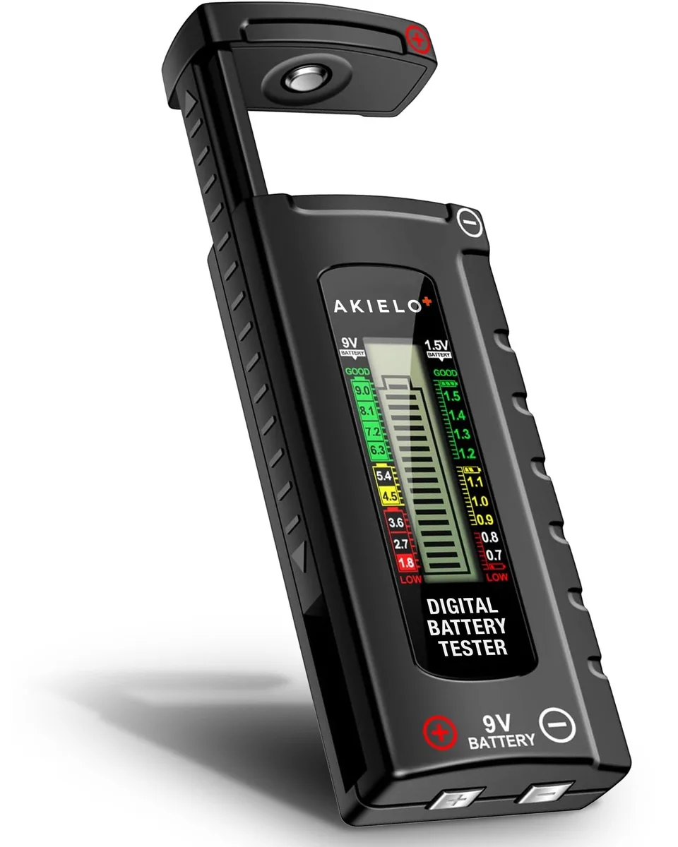 Compact rectangular battery tester with slide arm and colour LCD display
