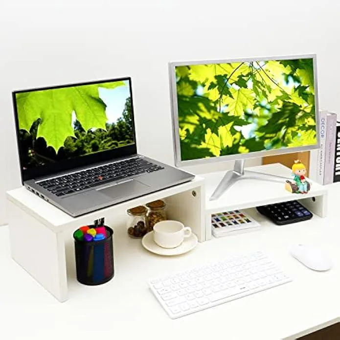 TAURKENAM TAURKENAM Adjustable White Monitor Stand Riser 2 Pack Wood 2 Tier Dual Monitor Riser Office Equipment — product photo