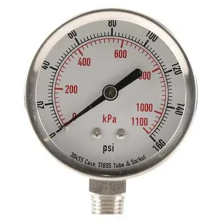 Value Brand Value Brand Commercial Pressure Gauge 0-160 psi 2 1/2 in 1/4 NPT 304 316 Stainless Steel — product photo