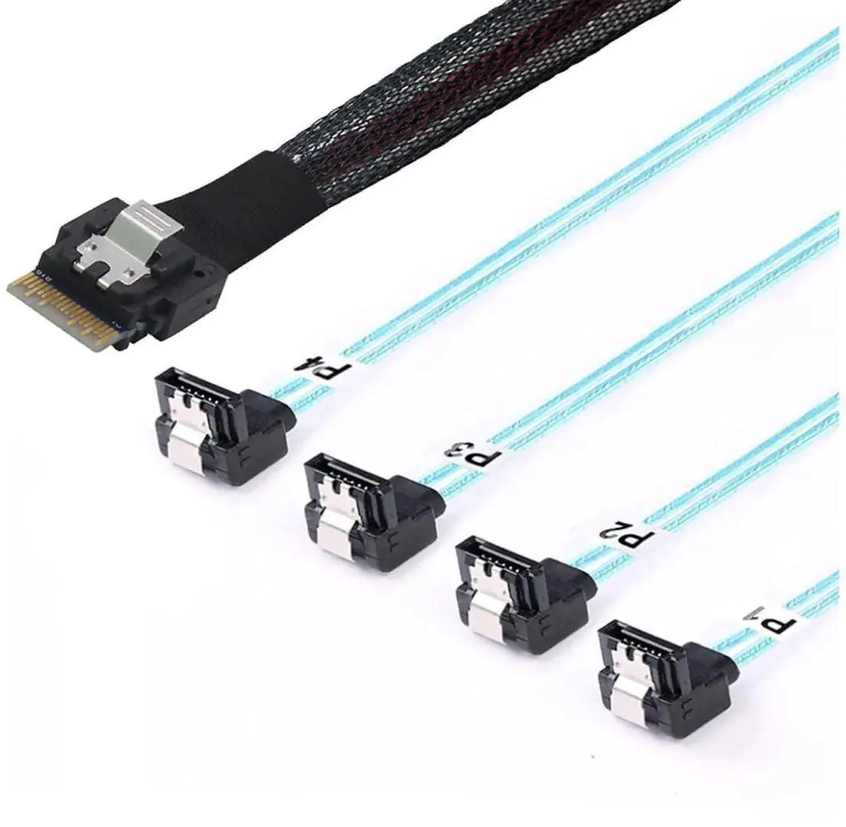 SMUGDESK SMUGDESK .5M PCIe Slimline SAS 4.0 SFF8654 4i 38Pin to 4×90° RightAngle SATA Female Server Cable — product photo