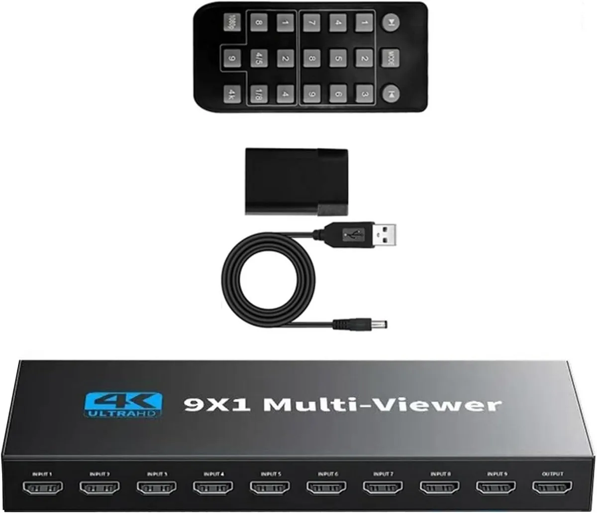 Black rectangular HDMI multiviewer with nine input ports and one output