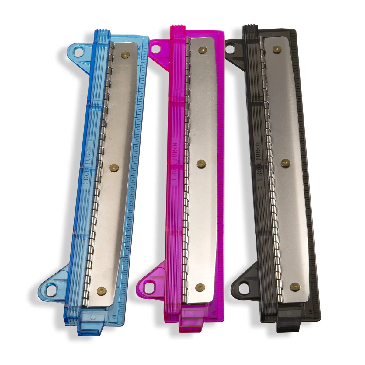 Three handheld 3-hole punches in pink teal and smoke plastic with metal punch heads