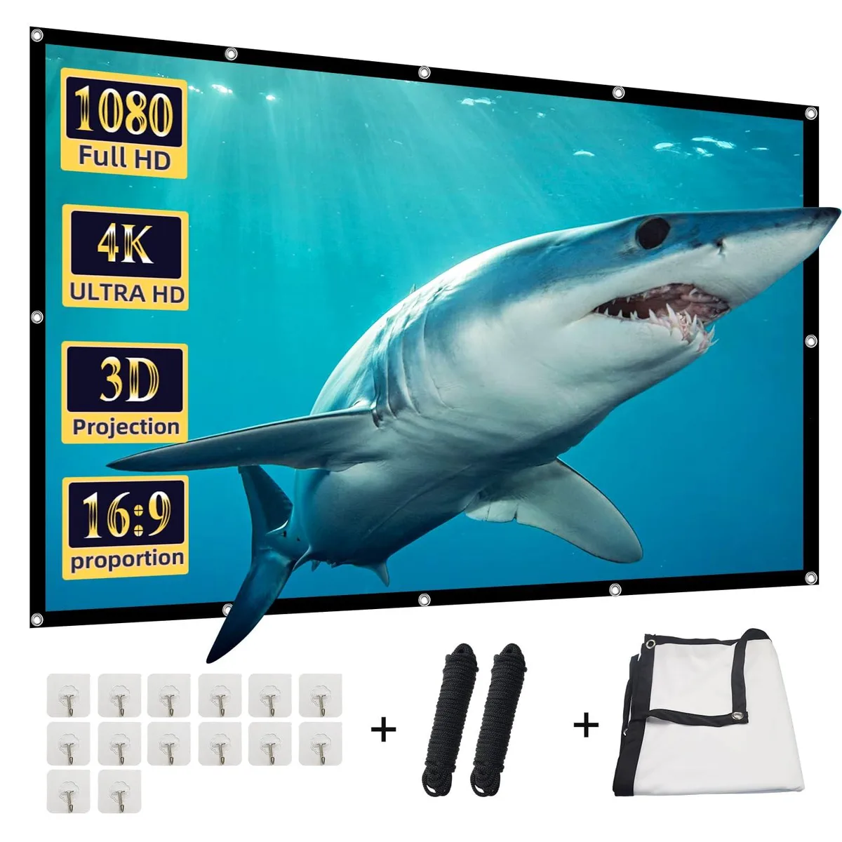 White rectangular polyester screen 130 inch diagonal 16:9 with black border foldable lightweight