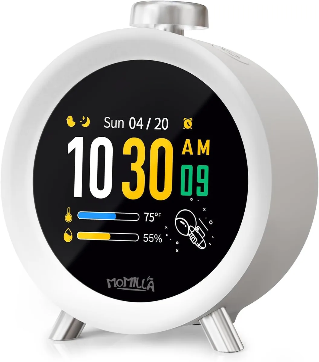 White rectangular digital clock with 2.8 inch colour display and central knob