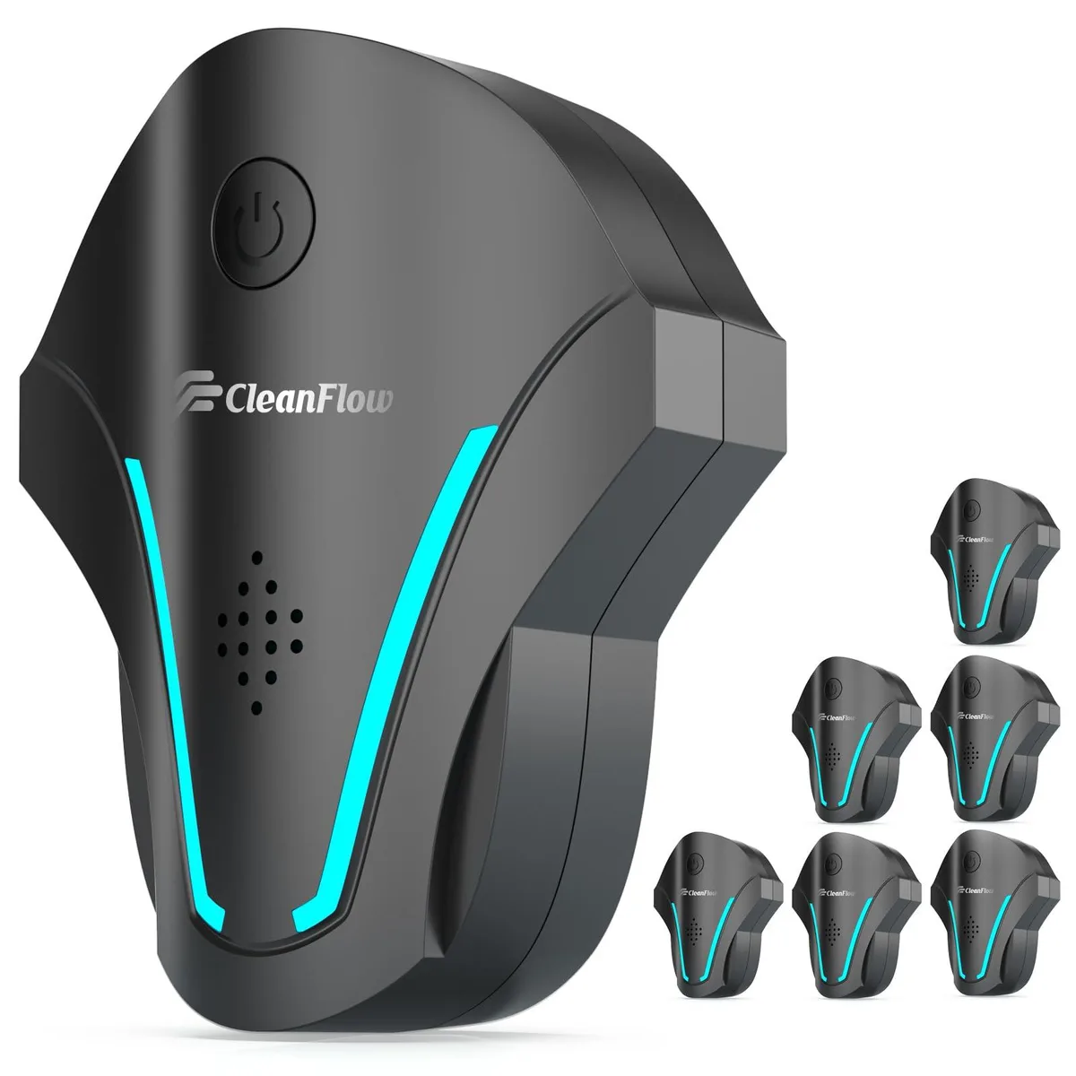 Six white plastic ultrasonic pest repellers with plug prongs
