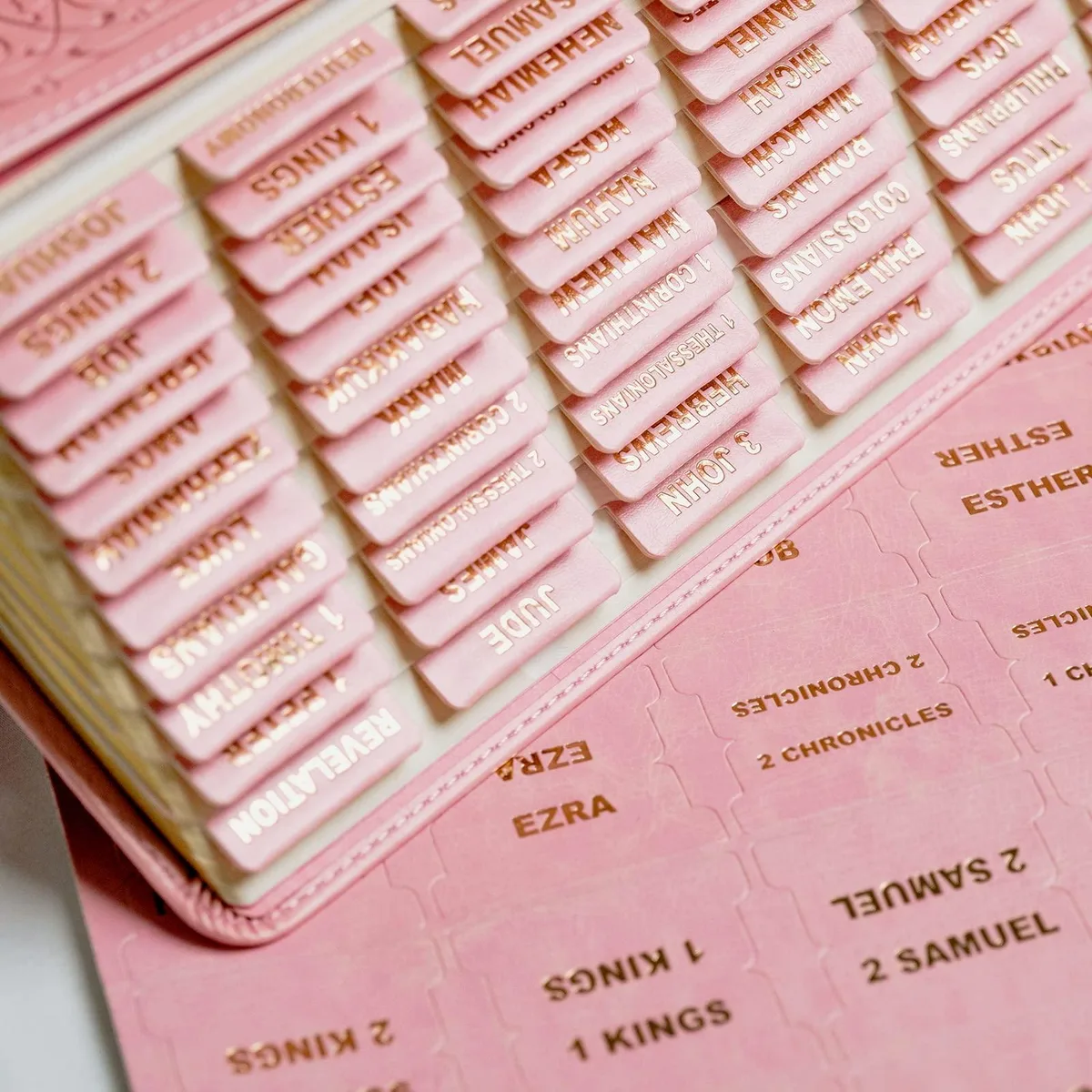 Pink leather Bible tabs with gold foil lettering, 80 count