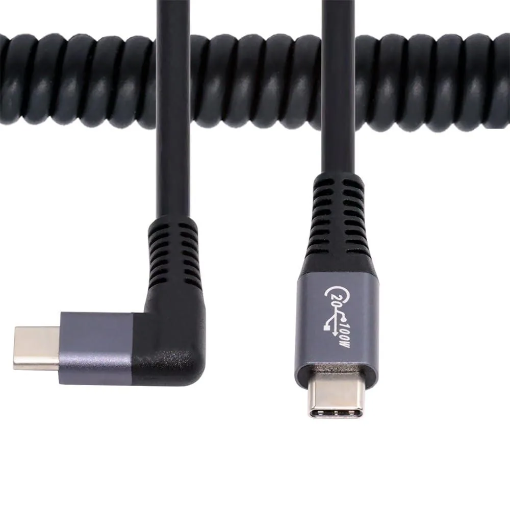 Coiled USB-C cable with right-angled connectors, matte finish