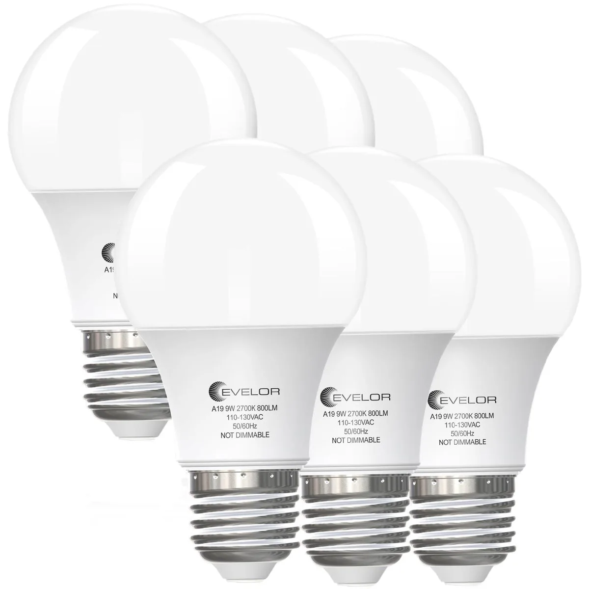 EVELOR A19 LED Light Bulbs 6-Pack 9W 800LM 2700K E26 Non-Dimmable — product photo