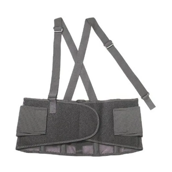 Black elastic back support brace with adjustable suspenders and rubber-tracked webbing