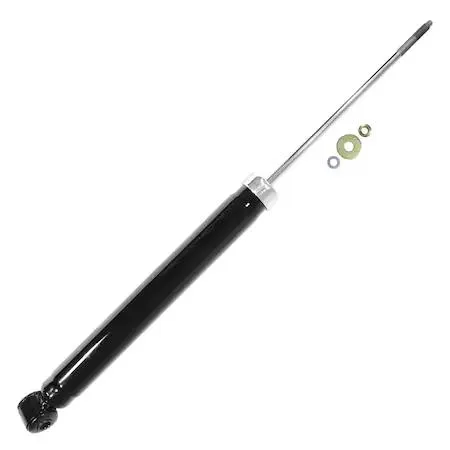 Silver metal rear shock absorber cylinder with mounting eyelets and piston rod visible