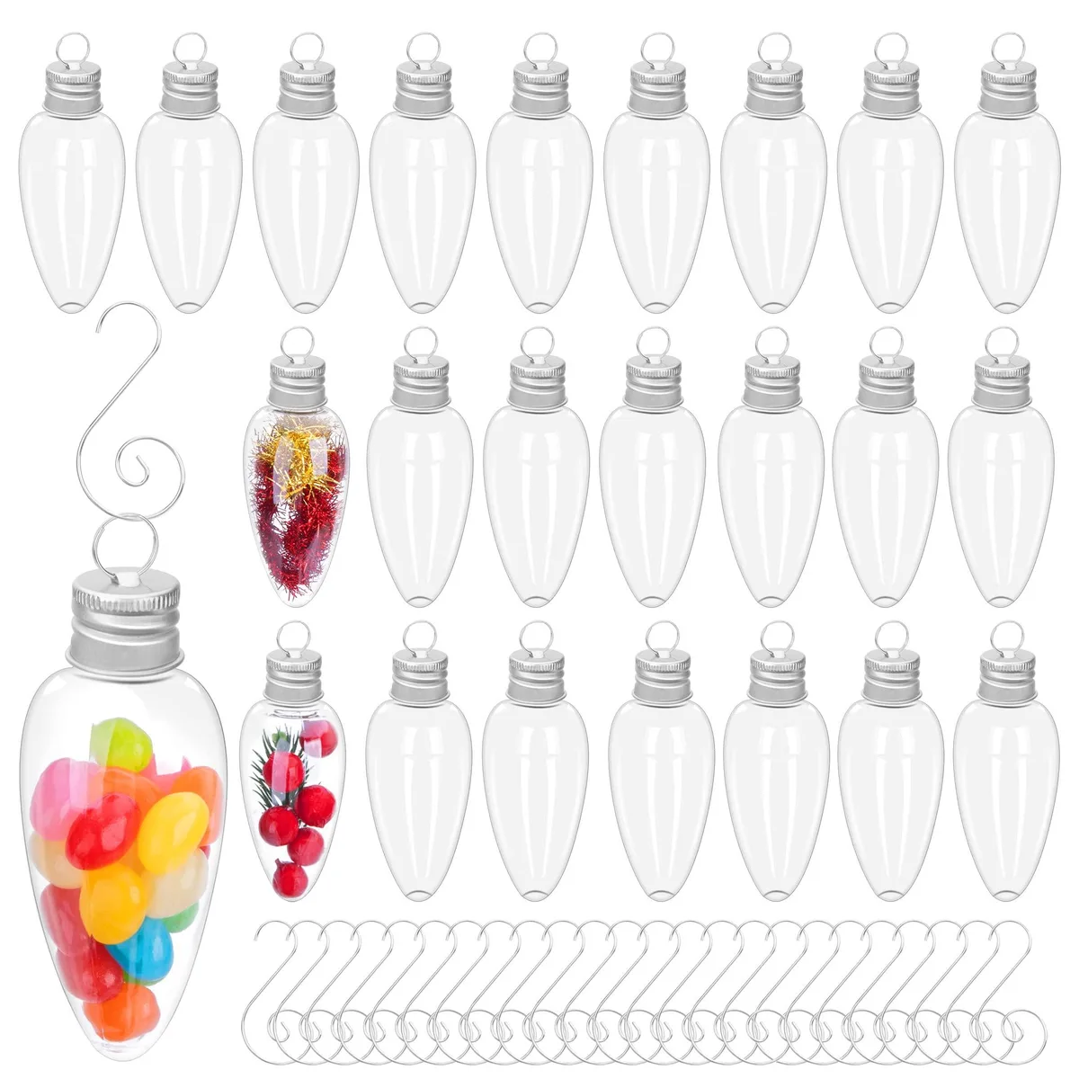 Clear plastic light-bulb ornaments with screw lids and S-hooks, 24 pieces