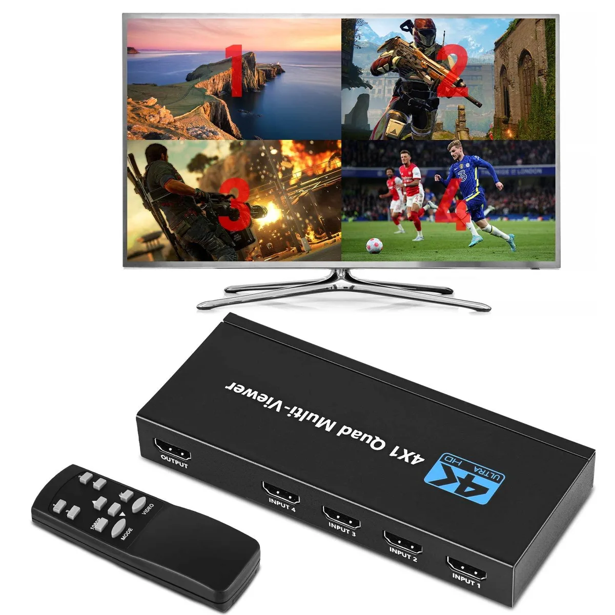 BUCIER BUCIER AV-225-BK-US HDMI 4x1 Quad Multi-viewer 4K30Hz 1080P60Hz IR Remote — product photo